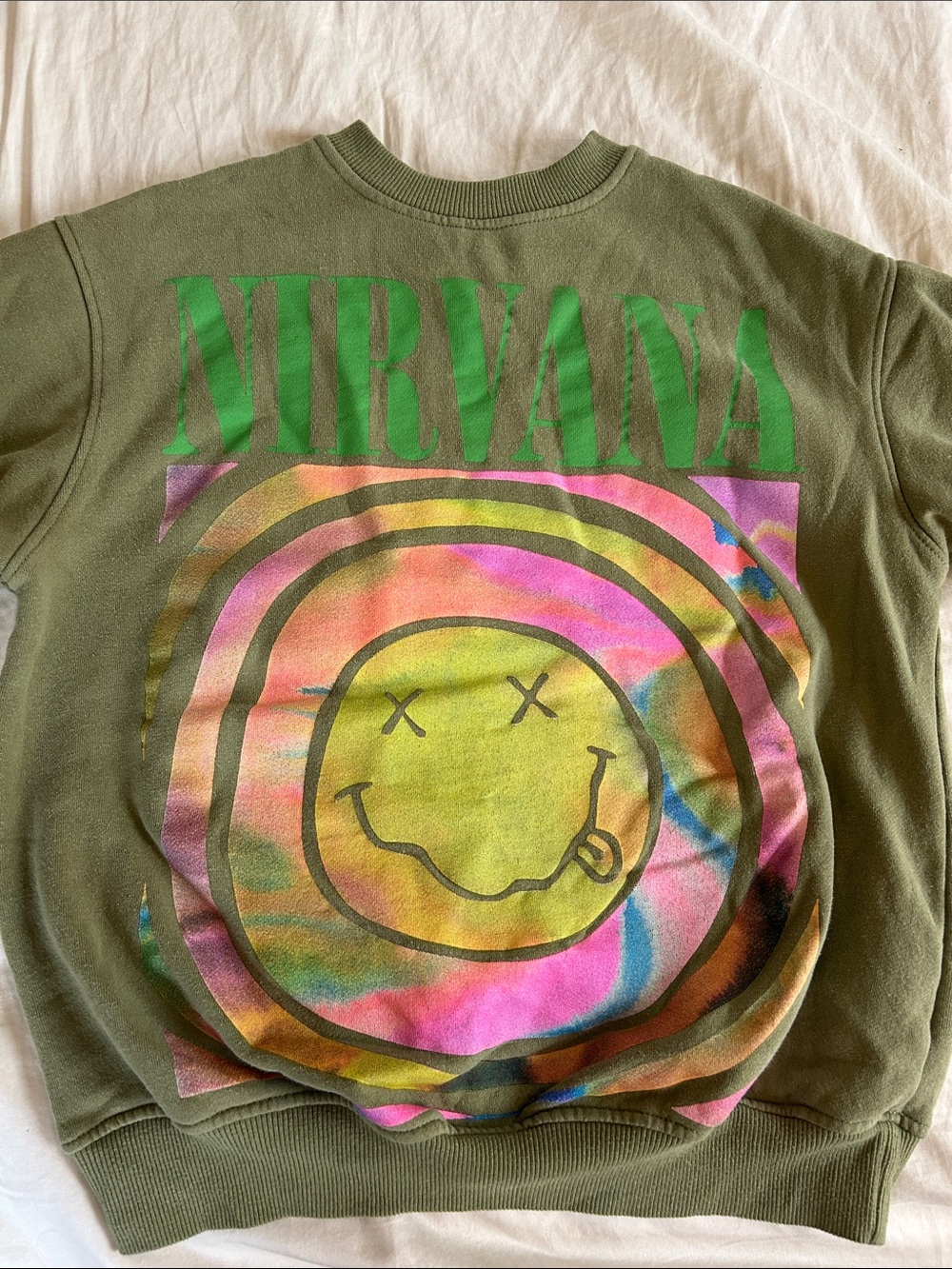 NIRVANA Olive Green Tie-Dye Smiley Sweatshirt